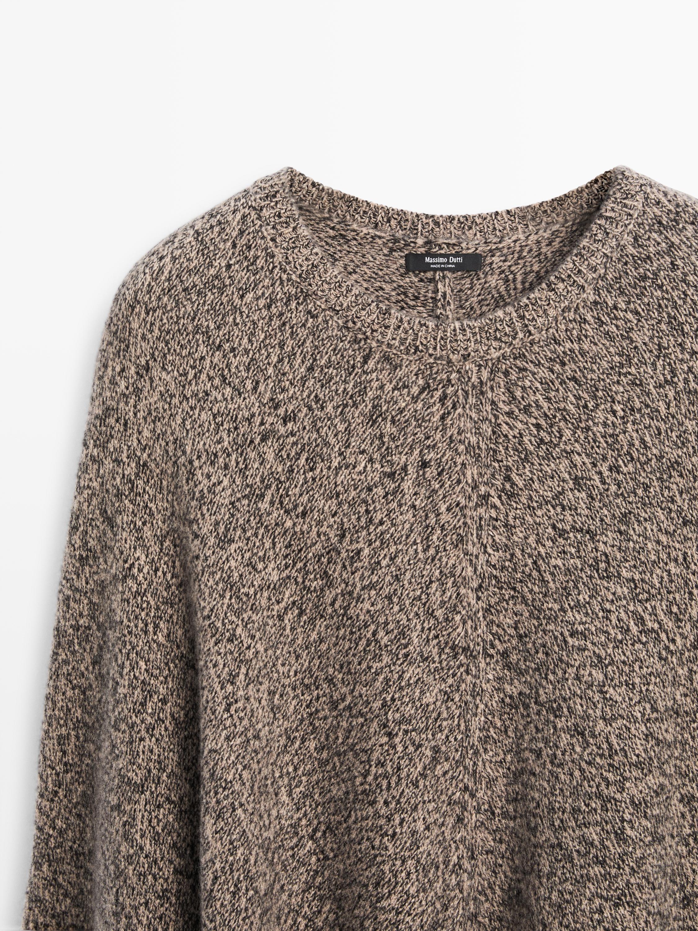 Wool blend mouliné knit cape with fringing