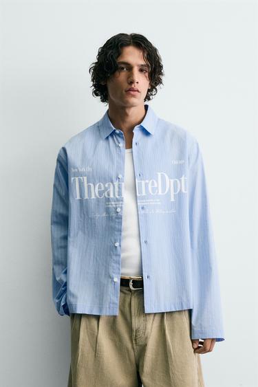СОРОЧКА RELAXED FIT У КЛІТИНКУ З ТЕКСТОМ - Світло-синій Zara