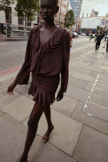SHORT DRESS WITH RUFFLES - Burgundy by Zara - Image 3