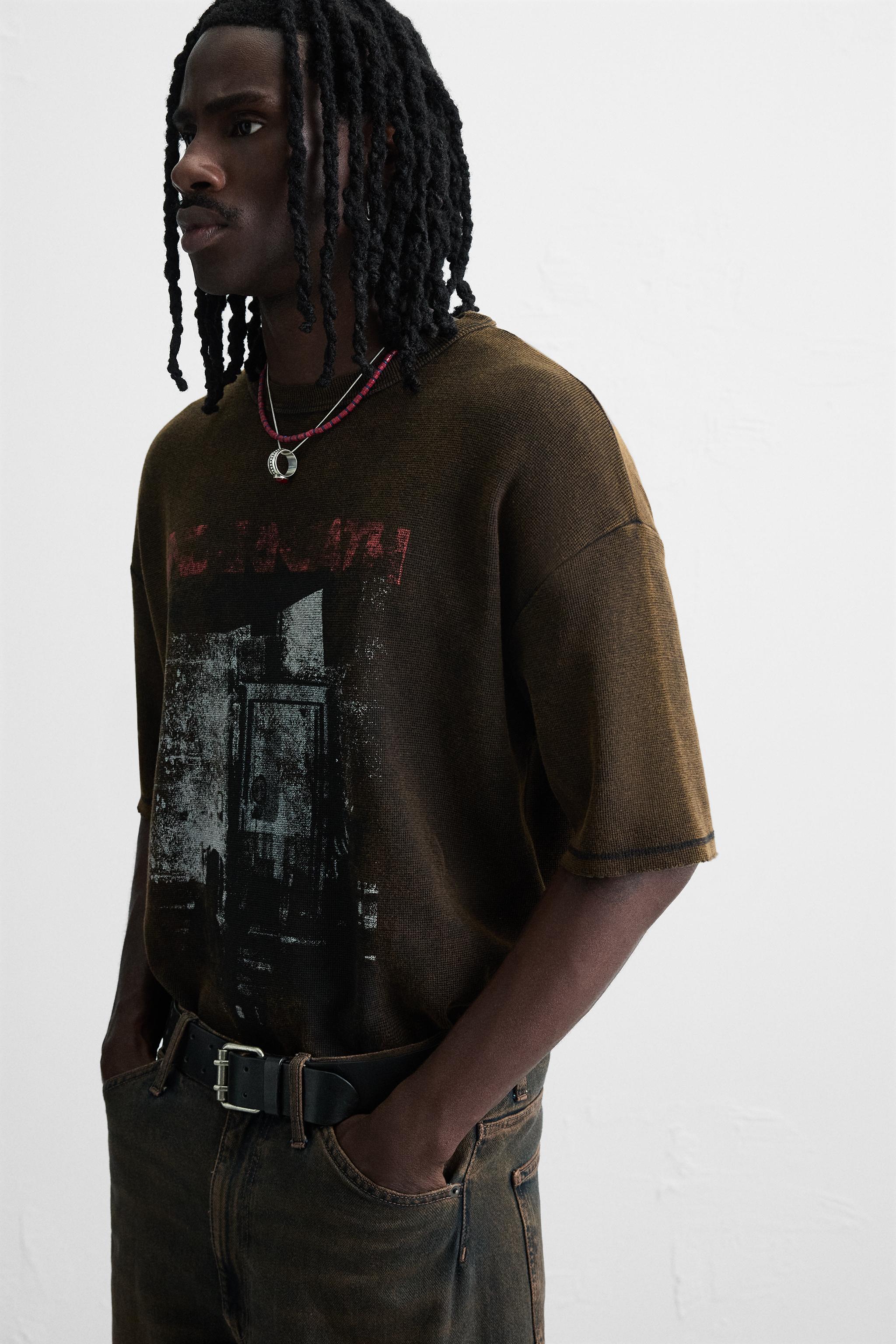 ウォッシュ加工プリントニットTシャツ - ブラック | ZARA Japan