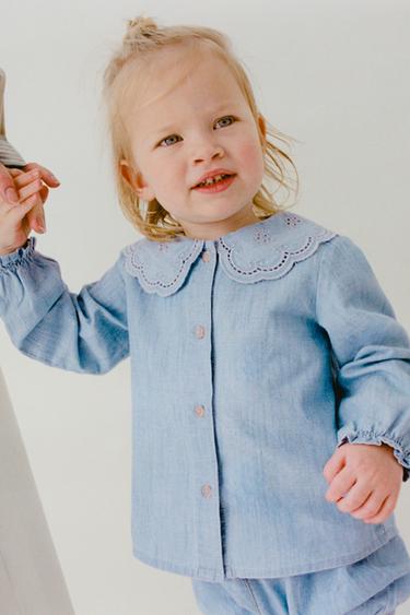 EMBROIDERED PETER PAN COLLAR SHIRT - Mid-blue by Zara