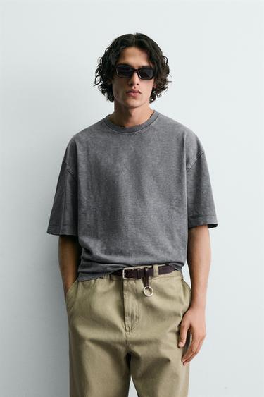 RELAXED FIT SLUB KNIT T-SHIRT WITH WASHED EFFECT - Dark anthracite by Zara