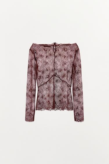 BLOUSE SEMI-TRANSPARENTE AVEC DENTELLE - Grenat de Zara - Image 2