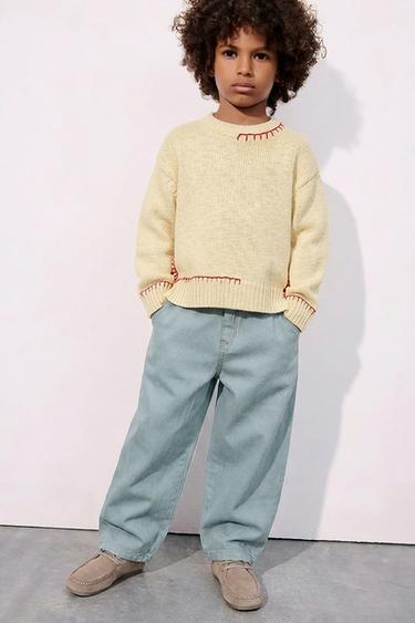 LIMITED EDITION KNIT JUMPER WITH TOPSTITCHING - Ecru / Red by Zara