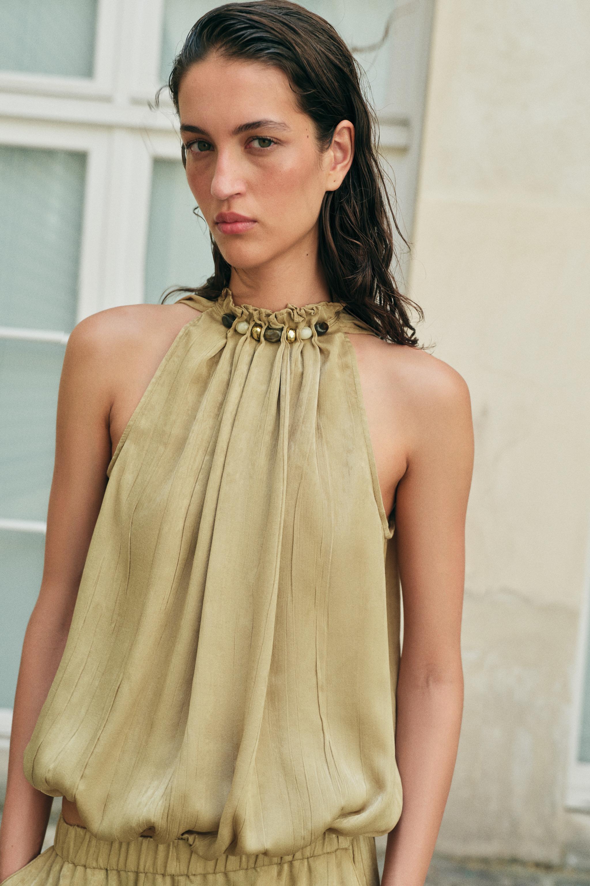 BEADED COLLAR TOP — Olive green
