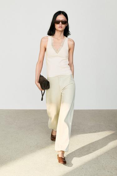Zara V-neck top with lace detail - Ecru - Image 0
