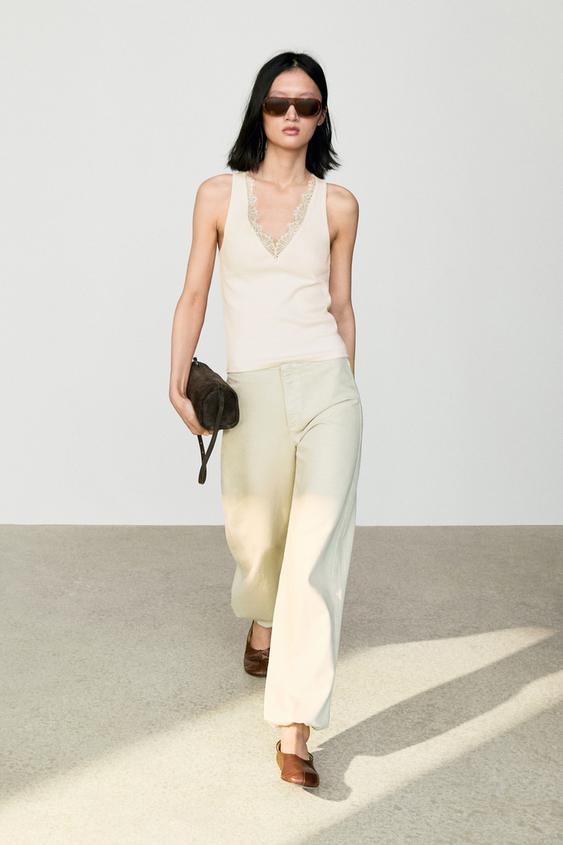 Zara V-neck top with lace detail - Ecru - Image 0