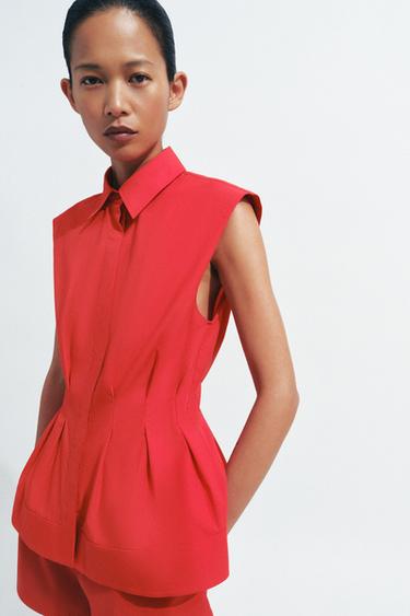 ZW COLLECTION PLEATED SLEEVELESS SHIRT - Intense red by Zara