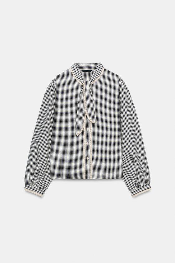 Zara CHECKED BOW BLOUSE WITH LACE TRIM - Ecru / Navy - Image 0