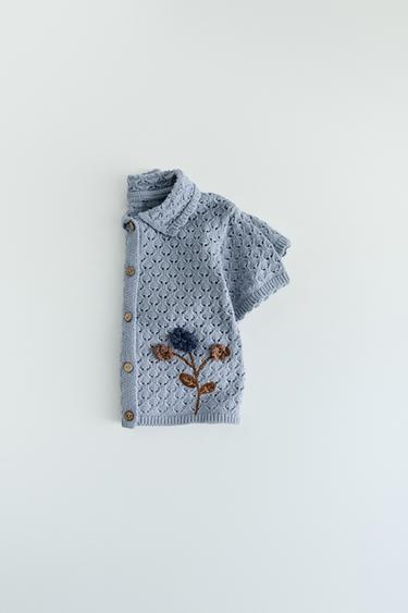 Zara CROCHET FLOWER KNIT POLO SHIRT - Light blue