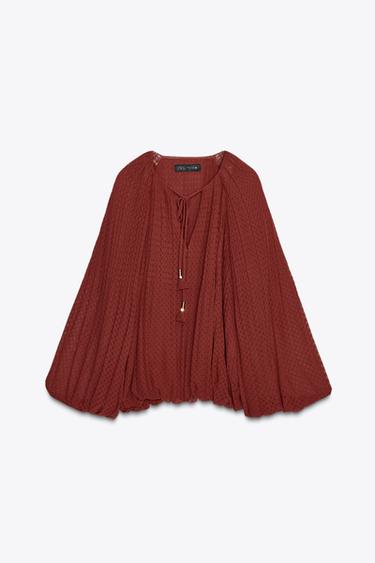 Zara TASSEL PLEATED BLOUSE - Brick