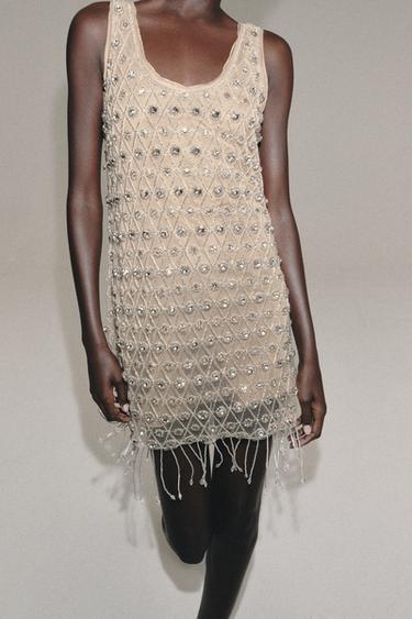 Zara JEWEL BEADED SHORT DRESS - Silver