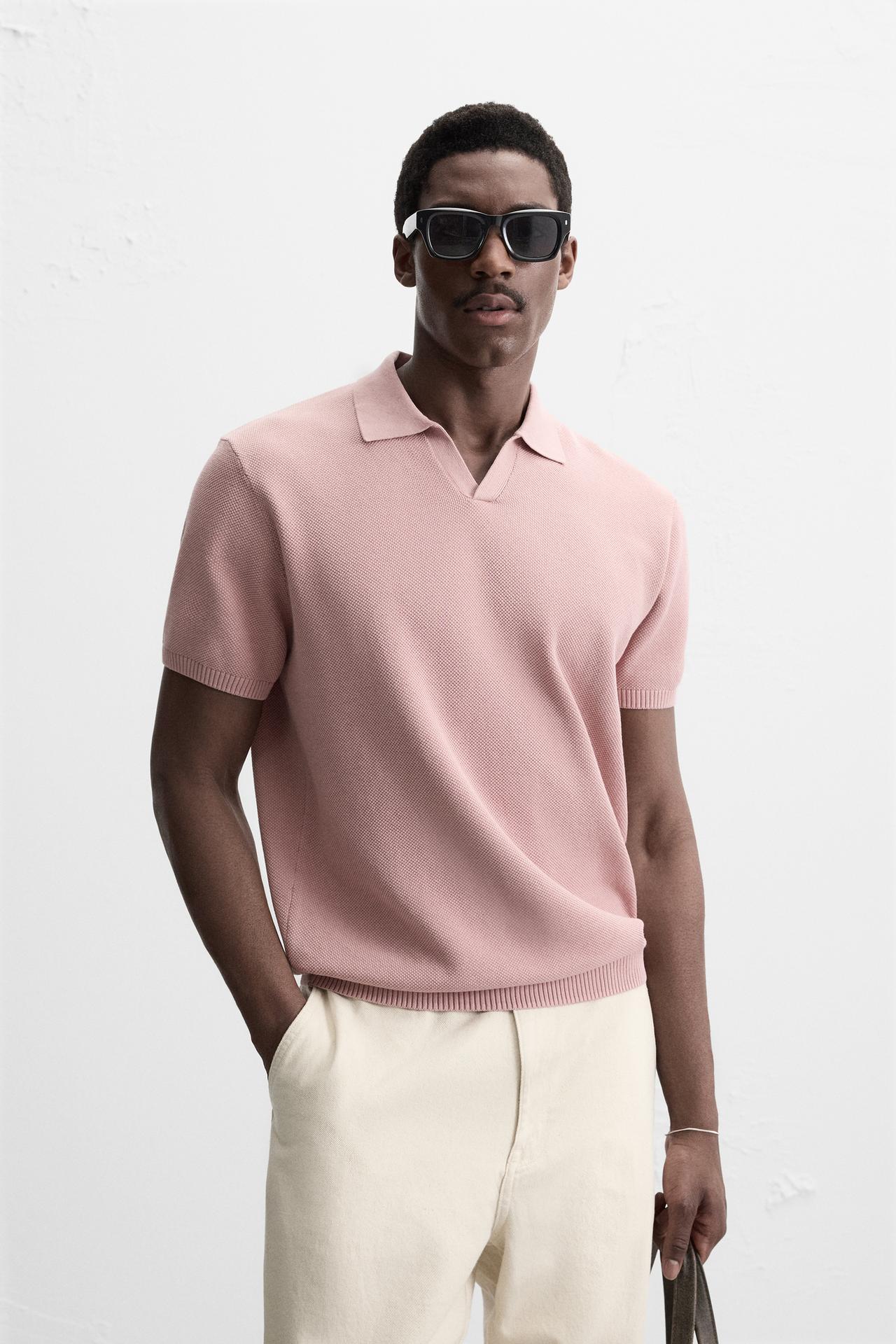 TEXTURED KNIT POLO SHIRT - Pink by Zara