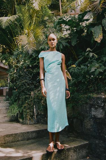 APPLIQUÉ ASYMMETRIC LINEN BLEND MIDI DRESS - Turquoise by Zara