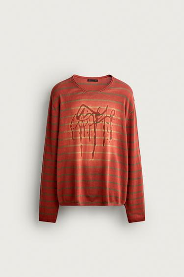 WASHED PRINTED STRIPED SWEATER — Orange 1