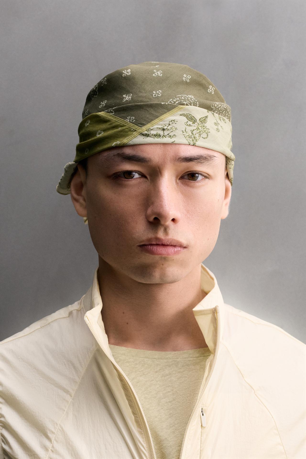RAMIE-COTTON PATCHWORK BANDANA — Green