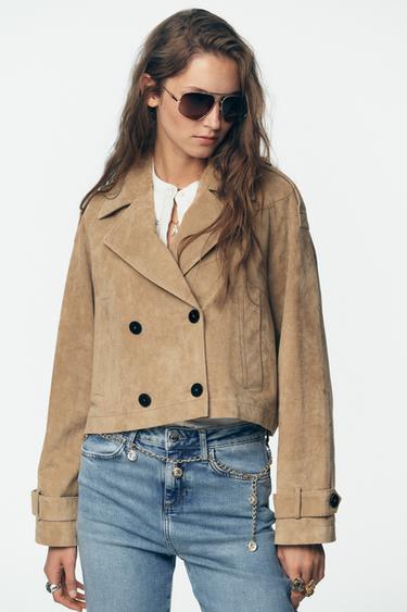 Zara 100% LEATHER SHORT TRENCH COAT - taupe brown