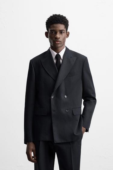 LINEN-COTTON HERRINGBONE SUIT BLAZER - Navy blue by Zara