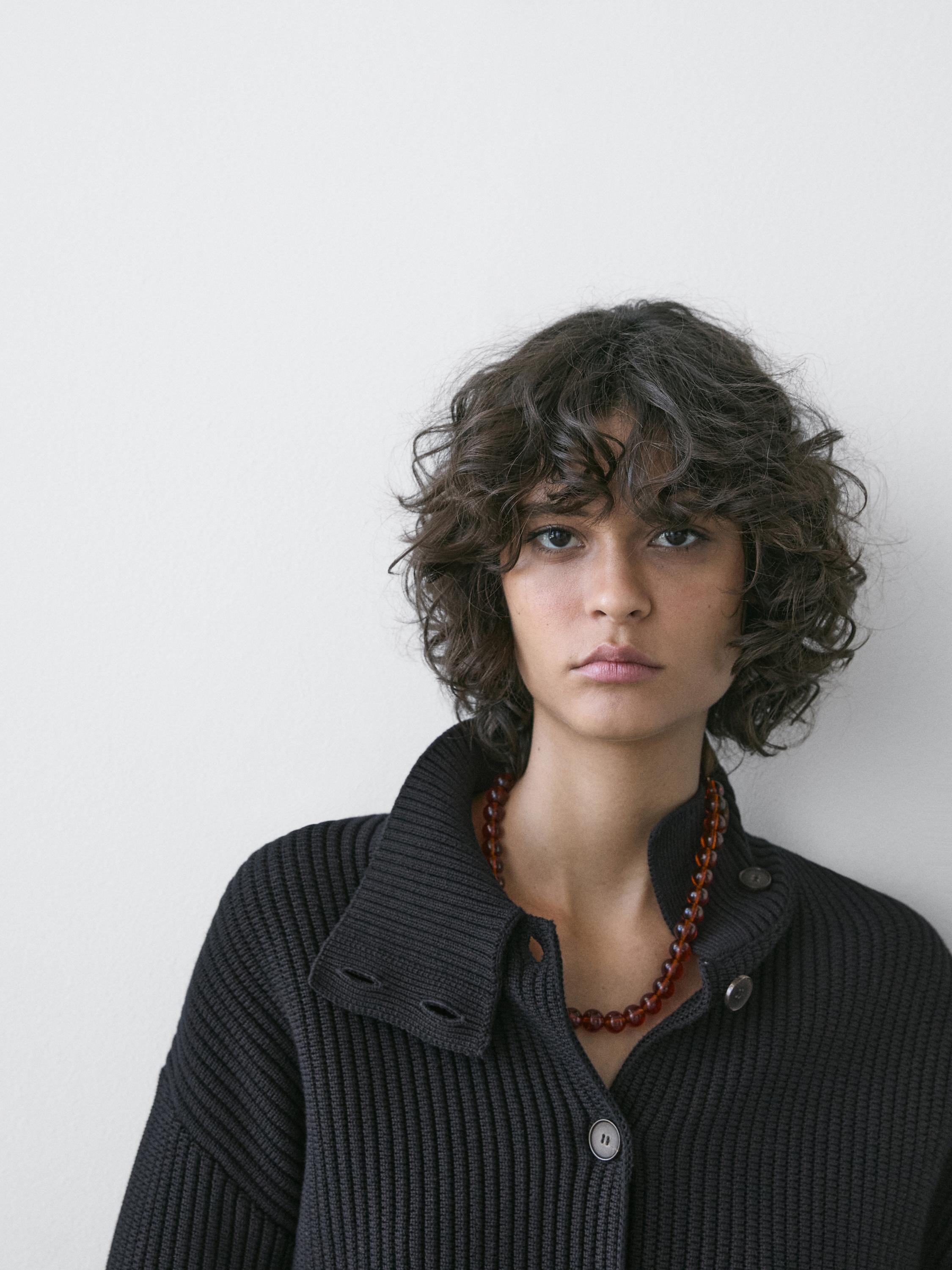 Cotton high neck knit cardigan