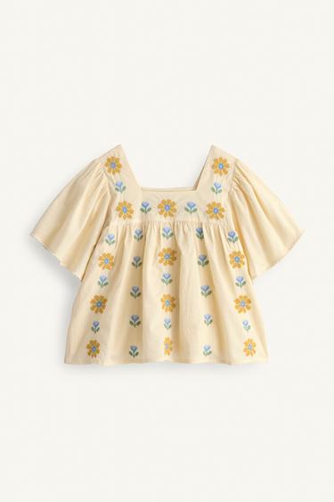 크로스 스티치 플라워 자수 블라우스 limited edition - Zara 크림