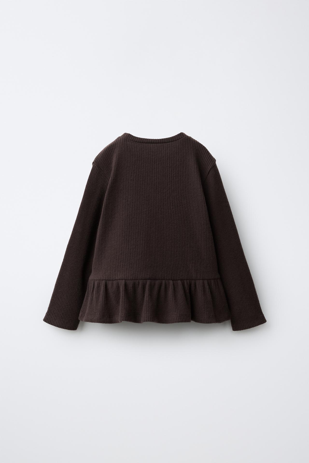 SOFT TOUCH RIBBED PEPLUM BOW T-SHIRT — Brown