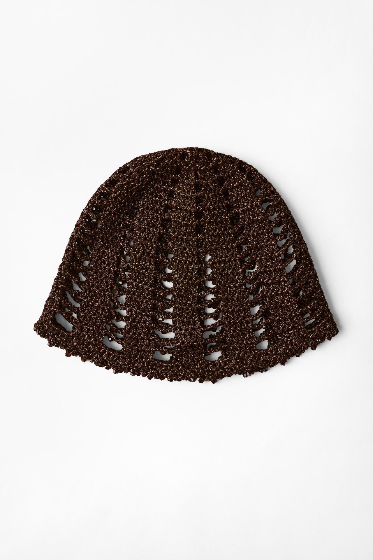 BEADED CROCHET SKULLCAP — Brown