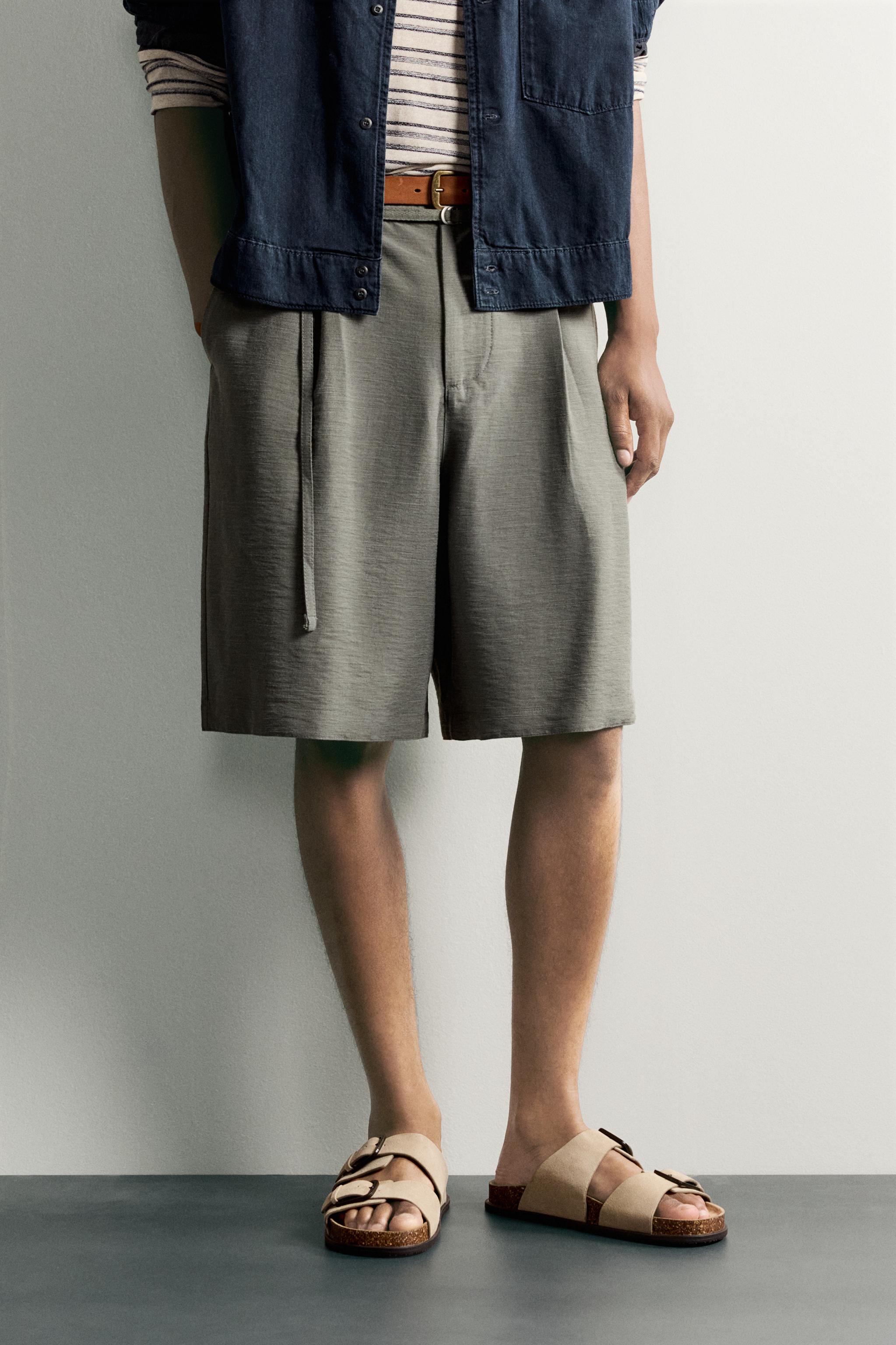 RELAXED FIT PLEATED BELTED SHORTS — Grey green (alternate view)
