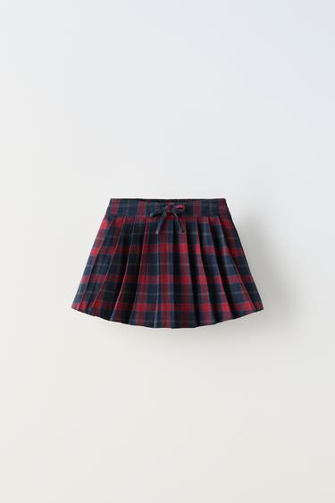 Zara PLAID BOX PLEAT SKIRT - Red / Black