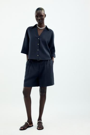 Zara WIDE SHORT SLEEVE SHIRT - Navy blue - Image 0