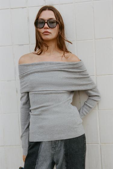 OFF-SHOULDER KNIT JUMPER - Grey marl by Zara