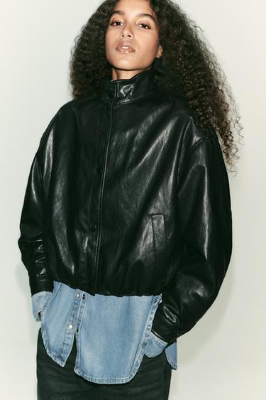 BLOUSON BOMBER MATIÈRE SYNTHÉTIQUE COL MONTANT - Noir de Zara - Image 1