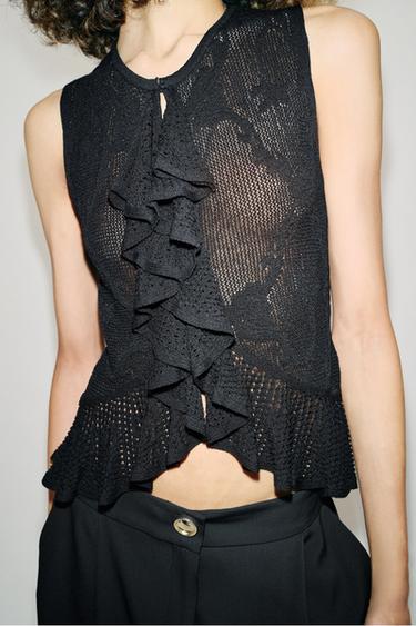 ROMANTIC POINTELLE KNIT TOP WITH RUFFLES - Black by Zara - Image 3