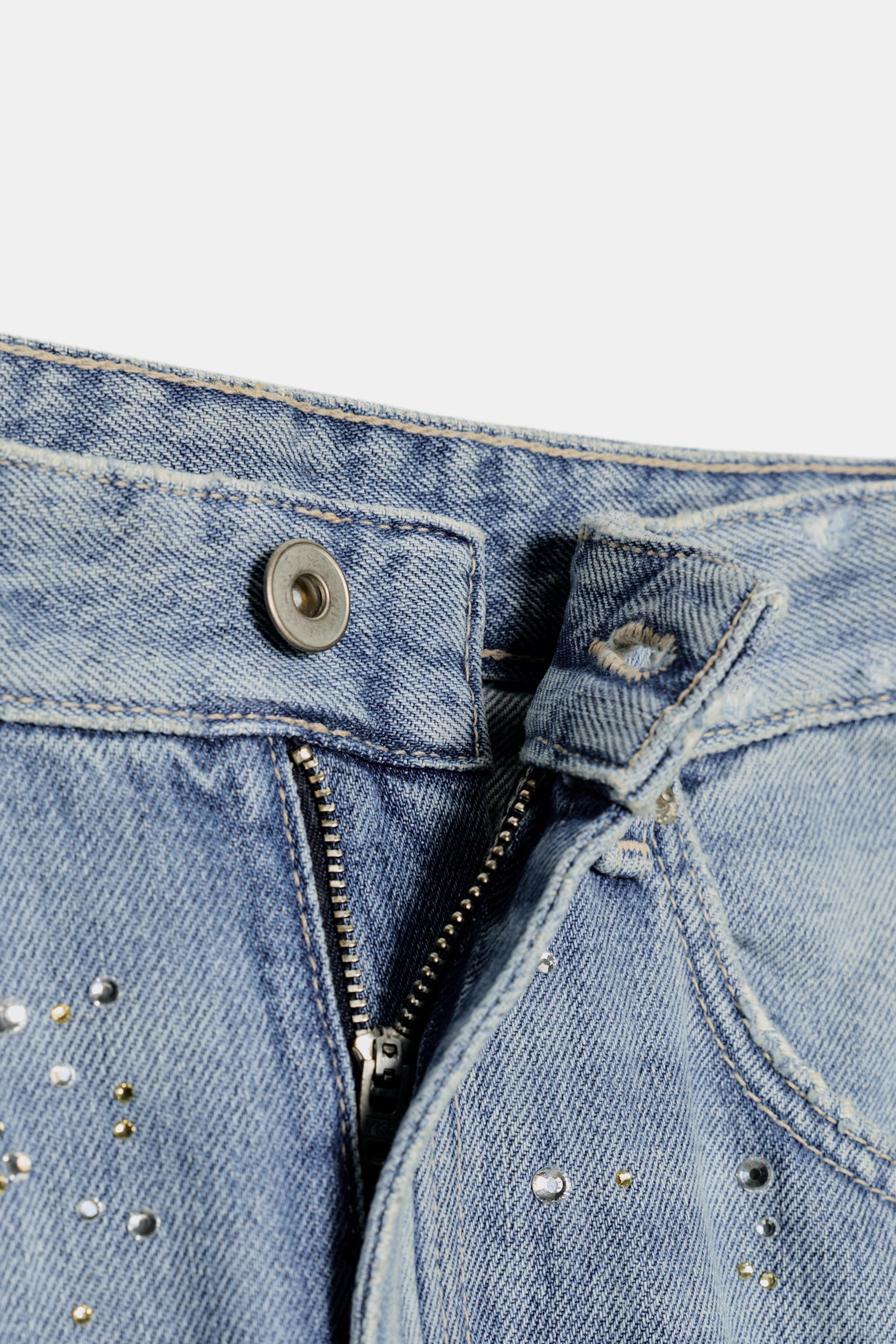 Shop Zara TRF HIGH-WAISTED STRAIGHT-LEG RHINESTONE JEANS at