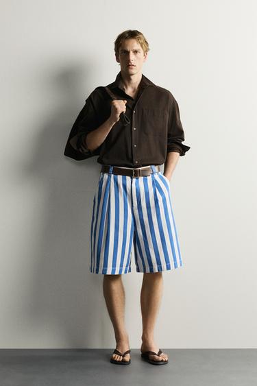STRIPED WIDE-LEG BERMUDA SHORTS - Blue by Zara - Image 0