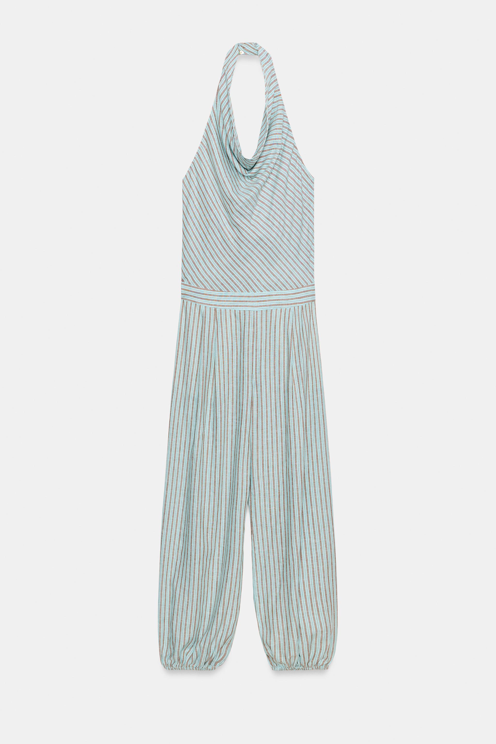 STRIPED LINEN HALTER JUMPSUIT
