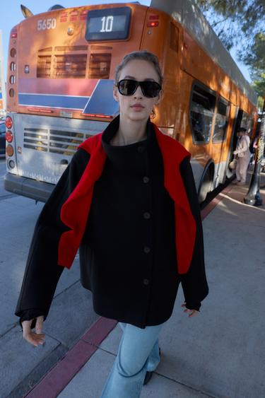 Zara SHORT WOOL BLEND COAT WITH HIGH NECK - Black