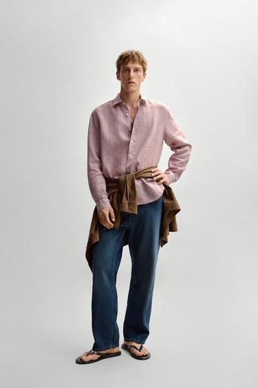 Zara 100% linen regular fit micro-checked shirt - Intense red