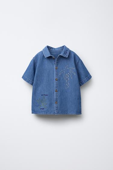 CAMISA DENIM PALMERAS BORDADAS - Azul de Zara