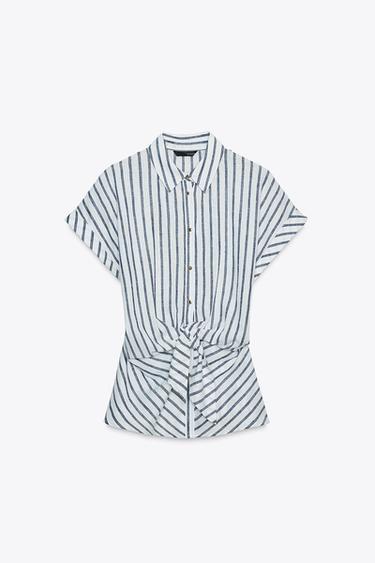 STRIPED KNOTTED LINEN BLEND SHIRT - Blue/White by Zara