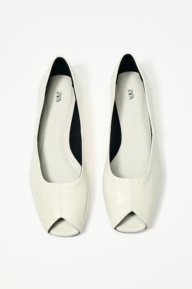 Zara OPEN SQUARE TOE LEATHER BALLET FLATS - White