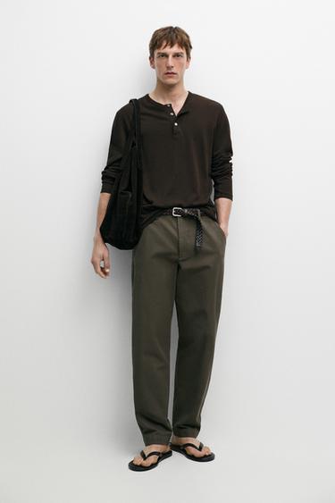 Pantalon tapered fit coton - Vert de Zara - Image 0