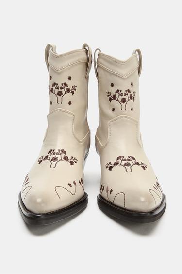 LEATHER COWBOY ANKLE BOOTS WITH EMBROIDERED FLOWERS - white by Zara - Image 4