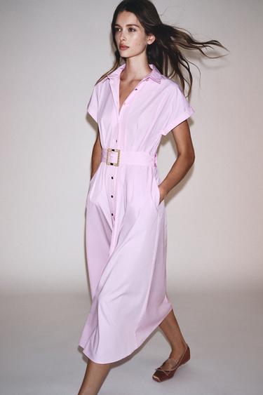 Zara BELTED POPLIN MIDI DRESS - Pink