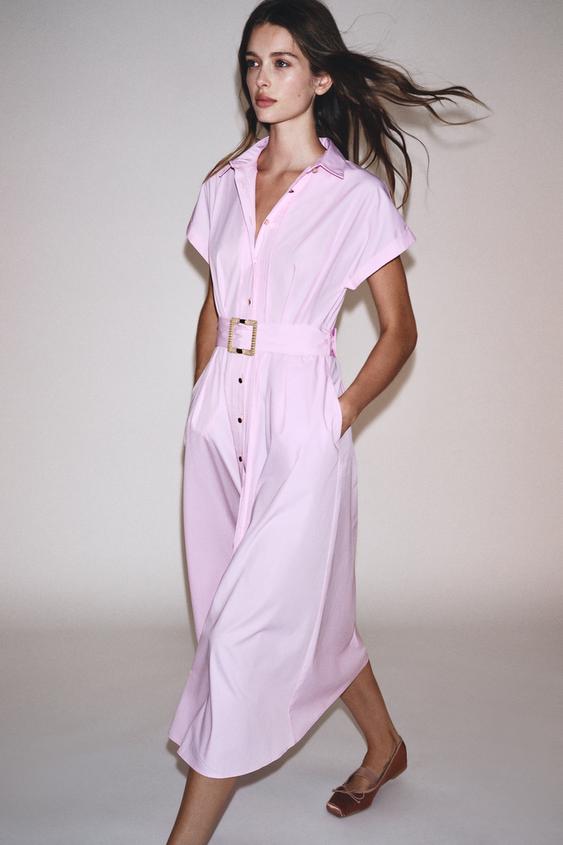 BELTED POPLIN MIDI DRESS