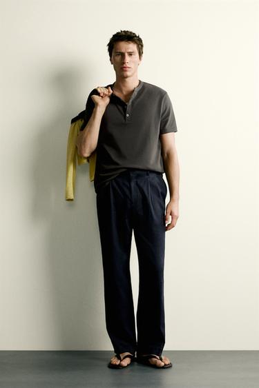 Zara REGULAR FIT HENLEY T-SHIRT - Brown