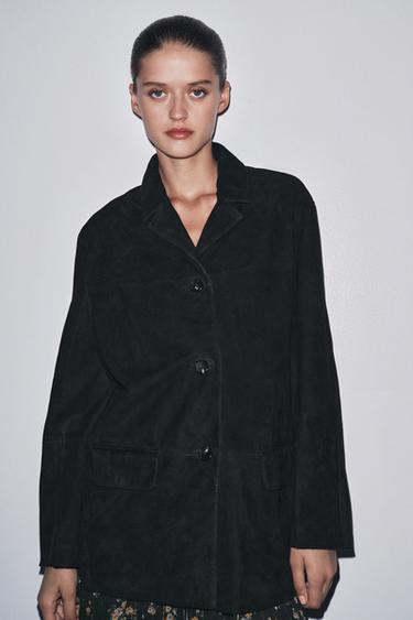 Zara LIMITED EDITION ZW COLLECTION 100% SUEDE OVERSIZE BLAZER - Black