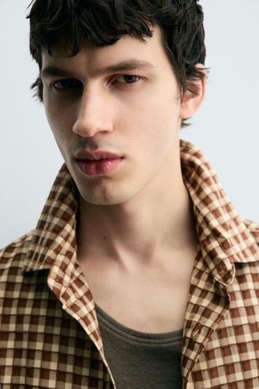 TEXTURED CHECK SHIRT - Ecru / Brown by Zara - Image 4