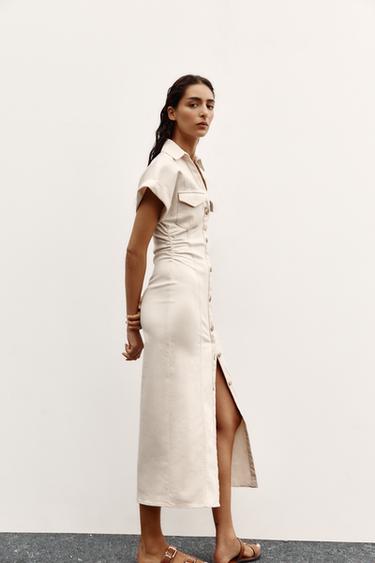 MIDI DRESS WITH GATHERED WAIST - Ecru by Zara - Image 2
