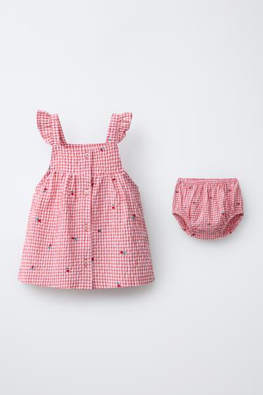 GINGHAM DRESS AND KNICKERS WITH EMBROIDERED FLOWERS - White / Red by Zara