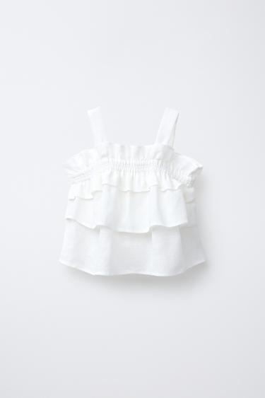 Zara 100% LINEN RUFFLED TOP - Ecru